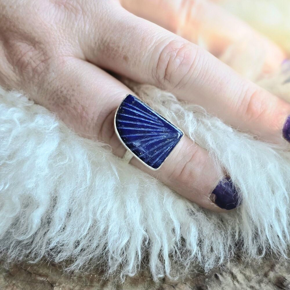 Lapis Lazuli Gemstone Statement Ring Sterling Silver Size 9 Handcarved Crystal